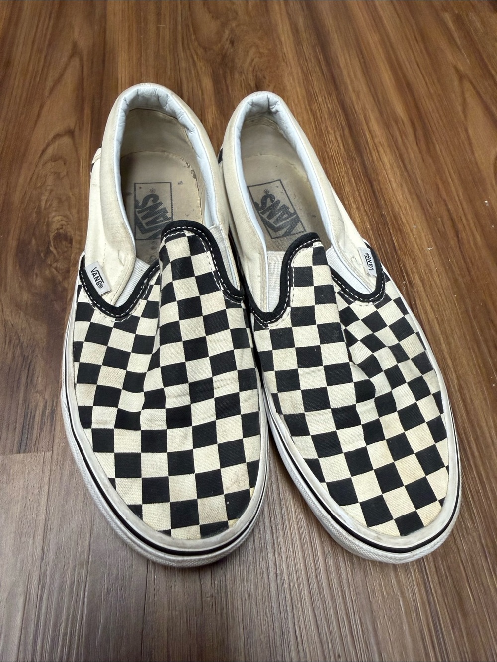 Vans Classic Slip-On Checkerboard Sneakers — Black & Cream Size 9